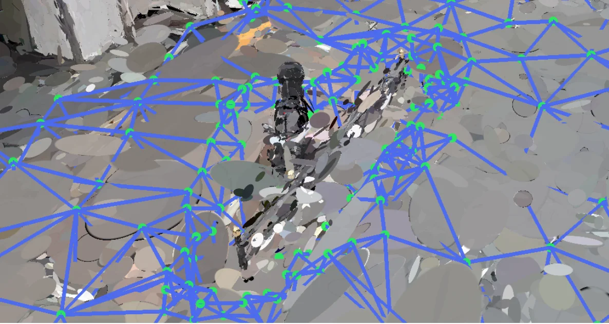 Adaptive roadmap sampling with blue edges, denser around the sidewalk obstacles.